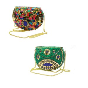 Vintage Metal Mosaic Clutch Evening Bag Handcrafted Stone Handbag Purse, multicoloured, 1 piece, sling bag, cross body bags