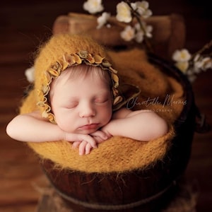Mustard knitted bonnet silk ties newborn photography props, beaded bonnet with flowers newborn, raw edge baby hat