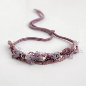 Purple bows halo headband, lilac tieback newborn photography props, girl outfit, boho halo