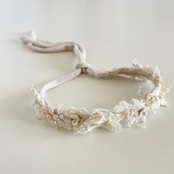 Beige boho halo headband, boho tieback newborn, rustic sitter tiebacks, newborn photography props, lace headband