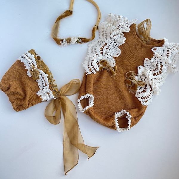 Traje de niña de otoño, conjunto de mameluco recién nacido, accesorios boho, diadema de terciopelo de mono, mameluco recién nacido, traje de encaje, accesorios de fotografía recién nacido