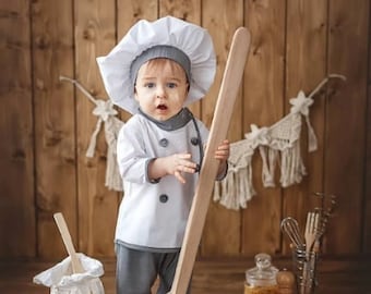 Toddler Chef Costume photography outfit, chef hat, Apron and Chef baby Hat Set, Toddler Apron Set, Sitter Photography Props