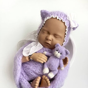 Kitty outfit newborn, Kitty bonnet hat, kitten newborn bonnet wrap set, knitted bonnet, newborn photography outfit