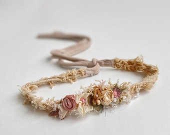 Diadema de halo boho beige, corbata boho recién nacido, corbatas rústicas para niñeras, accesorios de fotografía para recién nacidos, diadema de encaje