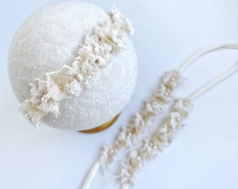 Ivory boho halo headband, boho tieback newborn, rustic sitter tiebacks, newborn photography props, lace headband