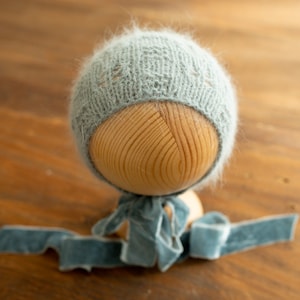 Knitted bonnet velvet ties, angora bonnet, newborn photography props, newborn knitted outfit