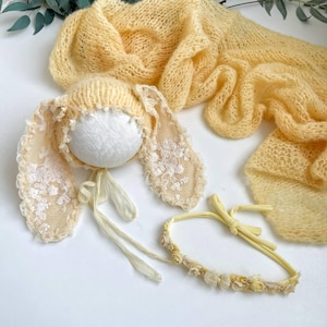 Bunny outfit newborn, alpaca rabbit bonnet hat, bunny newborn bonnet wrap set, knitted bonnet, girl newborn photography outfit