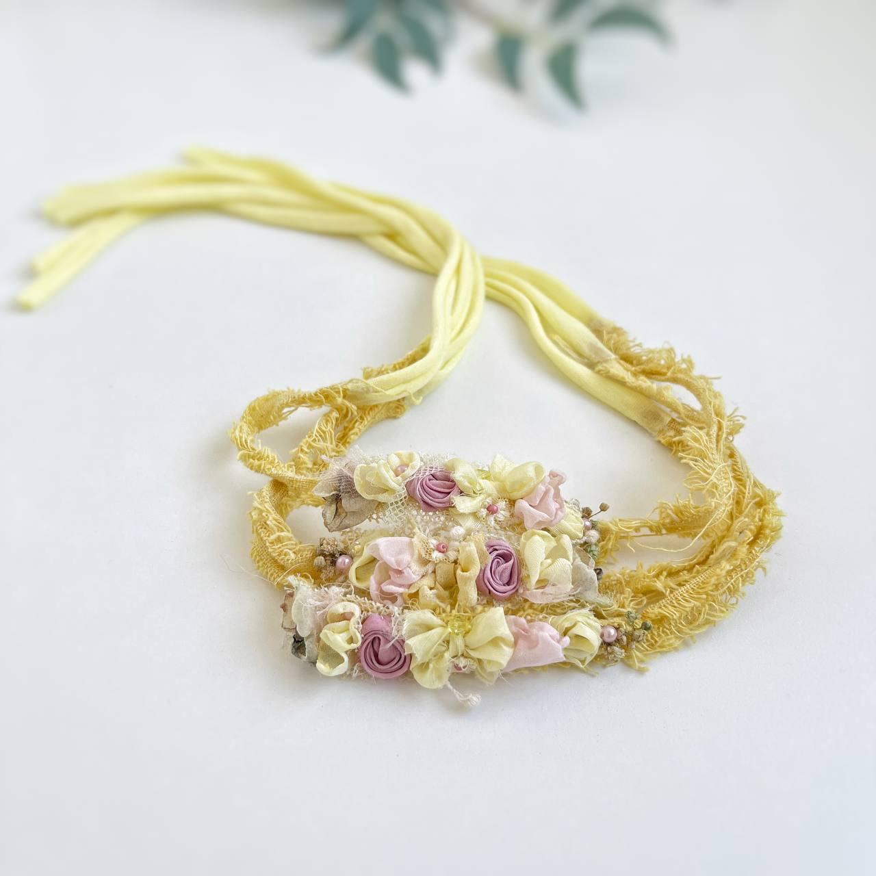 Yellow spring boho halo headband, boho flower tieback newborn, rustic tiebacks, newborn photography props, lace headband