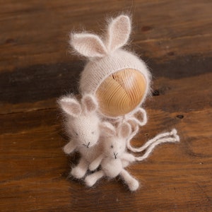 Knitted bunny outfit, angora bunny bonnet stuffed animals, bunny lovie farm animal, newborn photography props, photo props