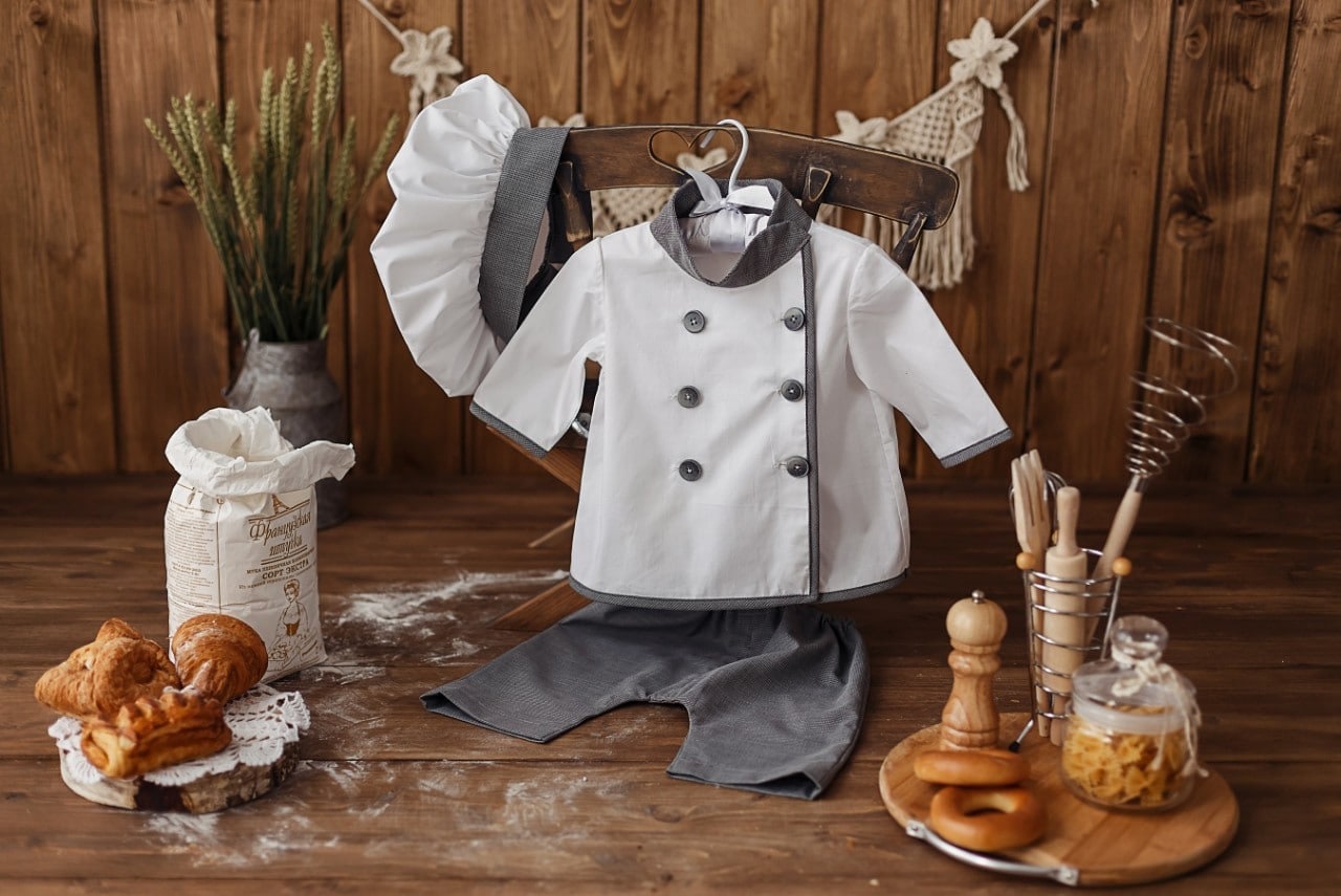 2-delige Kookoutfit Voor Pasgeboren Fotografie – Babyschort En Koksmuts Van Katoen, Mini Chef-pak Voor Peuters (5-12 Maanden), Wit