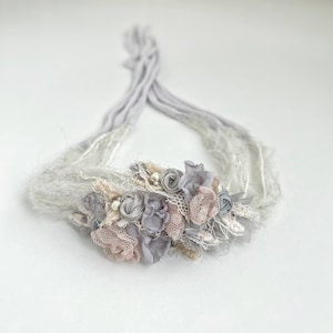 Newborn halo headband gray, girl flower lace halo headband, newborn vintage halo headband, tieback, newborn photography props, photo prop