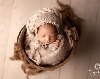 Beige bonnet and wrap set, Knitted bonnet silk ties newborn photography props, beaded bonnet with flowers newborn, raw edge baby hat