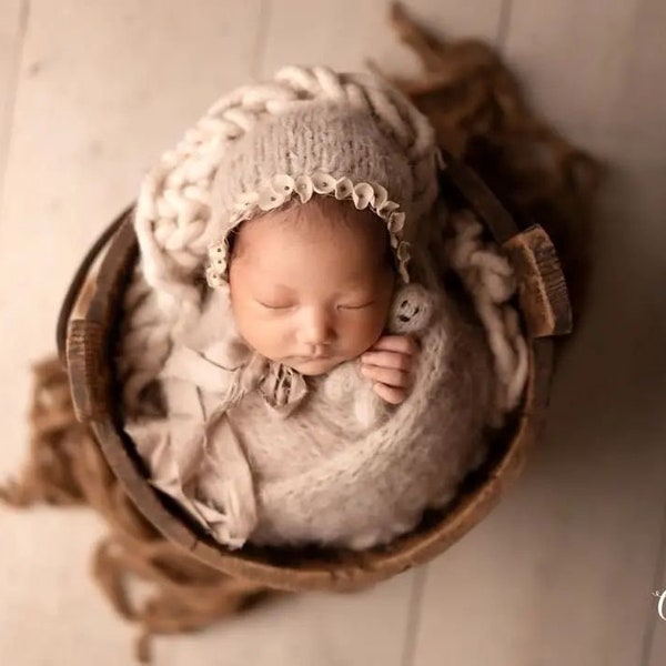 Beige bonnet and wrap set, Knitted bonnet silk ties newborn photography props, beaded bonnet with flowers newborn, raw edge baby hat