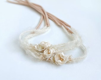 Dainty cream flower headband, boho tieback newborn, rustic sitter tiebacks, newborn photography props, lace headband