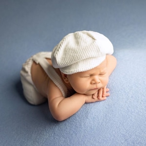 Ensemble bonnet et barboteuse pour garçon, noeud blanc, accessoires de photographie pour tenue de nouveau-né, casquette ivoire pour nouveau-né, bloomer garçon et casquette