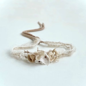 Gentle beige flower lace halo headband, newborn airy halo headband, tieback, newborn photography props, photo prop