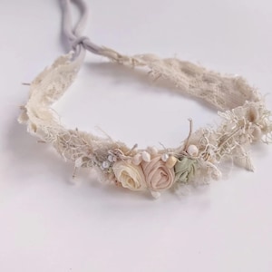 Gentle beige flower lace halo headband, newborn vintage halo headband, tieback, newborn photography props, photo prop