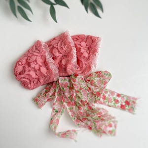 Pink lace bonnet, vintage bonnet, Newborn photography props, Newborn photo outfit, bonnet girl