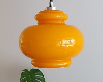 Space Age Glass Pendant Light / yellow Cased Glass Ceiling Light / Mid Century Modern yellow Ceiling Light /UFO Lamp 1970s