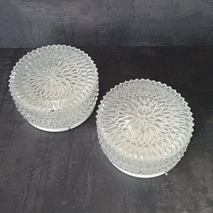 Pair  Of Vintage Sconces / Set of  2 Round Sconces / MCM Ceiling or Wall light / Clear Glass Light Fixture / Flush Mount Light / 80s