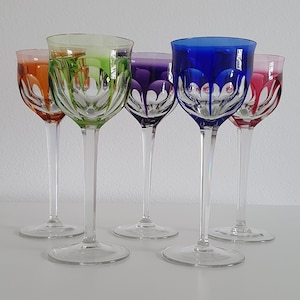 Set of 5 wine glasses / MOSER Glassworks / rare collectible Lady Hamilton collection, colorful glassware/ 1960s