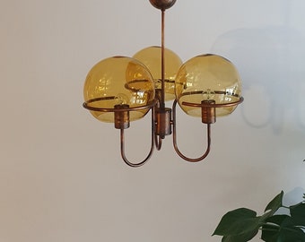 Vintage 3 Arm Sputnik Chandelier / Mid Century Modern / Retro Hanging Light / Amber glass / Brutalist Ceiling Light/ 70s Lamp