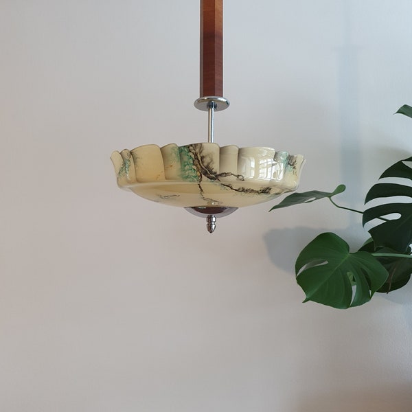 Antique Art Deco Chandelier / Art Deco /  Marbled Glass Hanging Light / Ceiling Lights / Vintage Pendant Lamp / Light Fixture