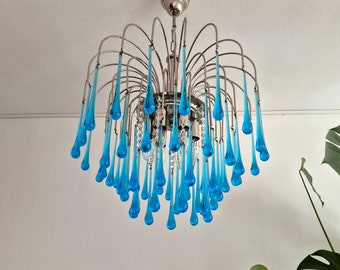 Large  Blue Murano Waterfall Chandelier / Blue Drops Murano Chandelier / Blue Teardrop Chandelier / In Style of Paolo Venini / 70s