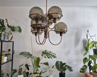 Żyrandol Vintage 6 Arm Sputnik / Mid Century Modern / Retro lampa wisząca / szkło dymione / Brutalna lampa sufitowa / Lampa z lat 70.