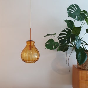 Vintage Amber Glass Pendant Light / Ceiling Glass Light / Pumpkin Pendant Light / Mid Century Modern Hanging Light / 70s Light