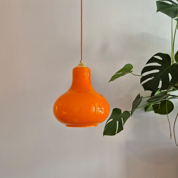 Space Age Glass Pendant Light / Orange Cased Glass Ceiling Light / Mid Century Modern Orange Ceiling Light /70s Lamp