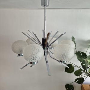 Sputnik Chandelier white glass / Space age light / Atomic Light made in Yugoslavia / Emi Poljčane / 70&#39;s / Mid Century Pendant Lamp