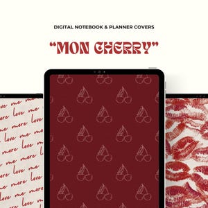 May include: Two digital planner covers with a red background. One cover features a repeating pattern of white cherry outlines. The other cover features a repeating pattern of red lips on a white background. The text "MON CHERRY" is displayed in a retro font.