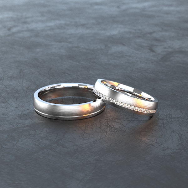 Ring aus Edelstahl, Ehering mit Kanalfuge und Vollkranz Zirkonia, längs mattiert - ideal als Freundschafts- oder Partnerring - E033