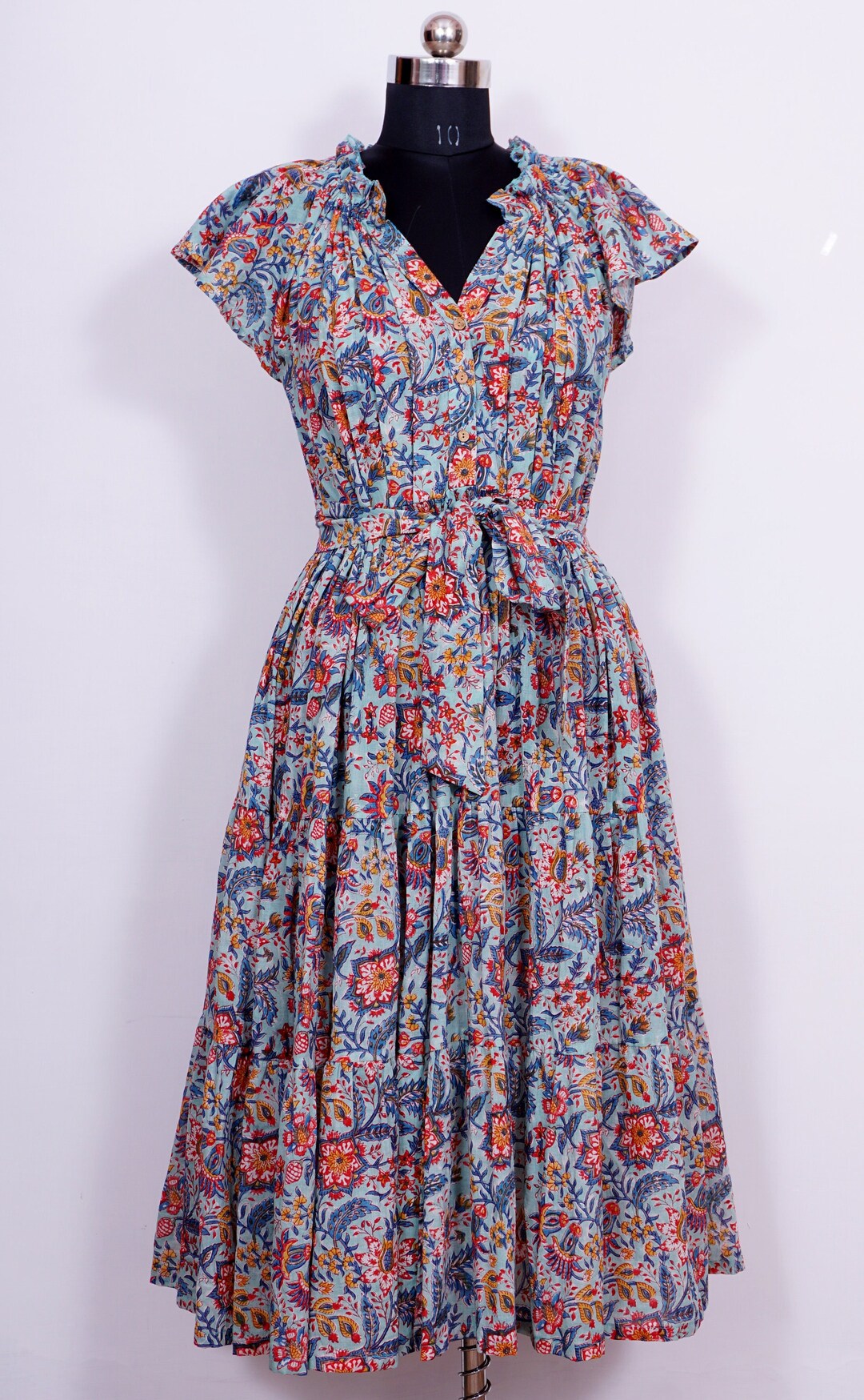 Roshan Dress Hand Block Printed in Brushed Cotton Tear Drop Vine