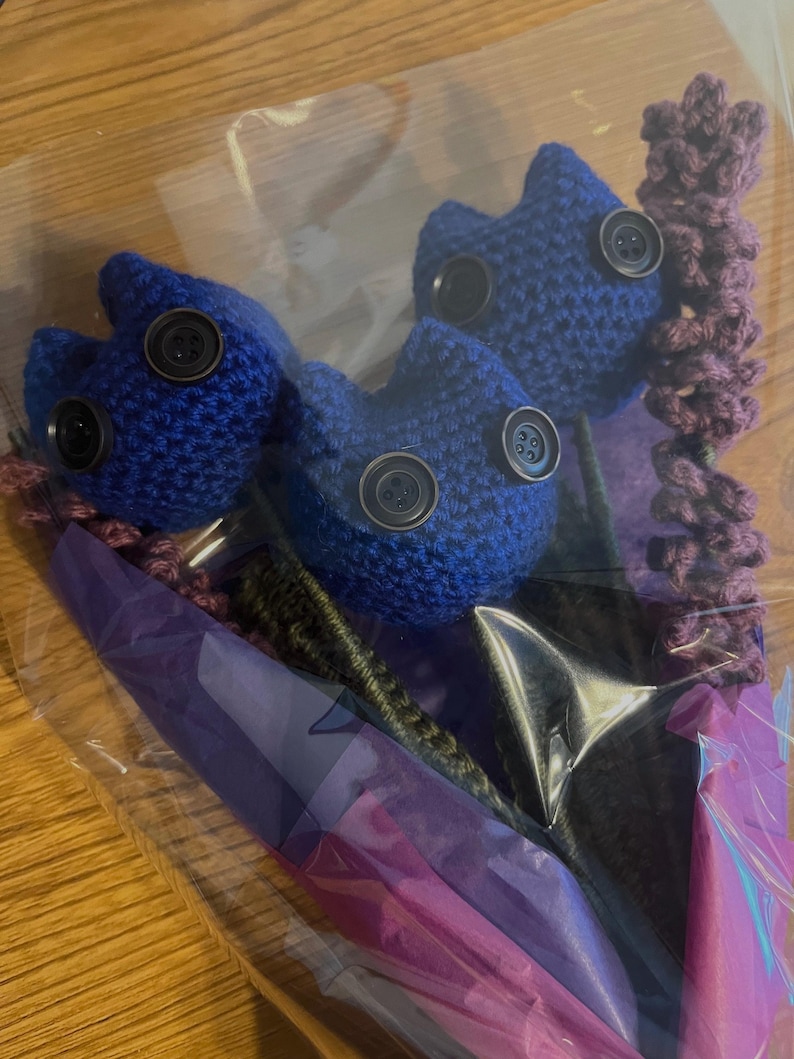 May include: A bouquet of three blue crocheted flowers with black buttons for eyes. The flowers are wrapped in purple and green tissue paper and placed in a clear plastic bag.