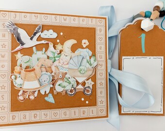 Handmade scrapbook baby boy photo album 12 months with tags set