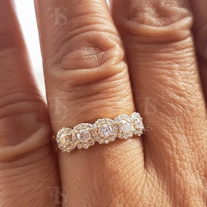 5 Stone Round Halo Ring, Round Moissanite Wedding Ring, Stacking Ring For Women in 14K Gold, Five Stone Anniversary Ring, Stackable Band