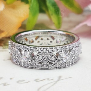 Art Deco Full Eternity Round Moissanite Wedding Band Women, Unique Vintage Style 925 Silver Band, Miligrain Nature Inspired Matching Band