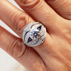 Round Cut Halo Engagement Ring, Vintage Art Deco Cocktail Ring, Blue Sapphire Accents, White Gold Diamond Statement Bridal Wedding Jewelry