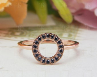 Black Diamond Moissanite Ring, Open Circle Ring, Geometric Minimalist Ring, 14K Rose Gold Karma Ring, Daily Wear Ring, Pave Black Ring Women
