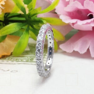 Full Eternity Wedding Band, Round Cut Colorless Moissanite Band Women, Milgrain Matching Band, Stackable Band Women, Micro Pave Band For Her