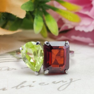 Toi Et Moi Engagement Ring, Double Stone Pear & Emerald Shape Ring, Peridot And Garnet Gemstone Ring, You And Me Promise Ring, Gift For Her
