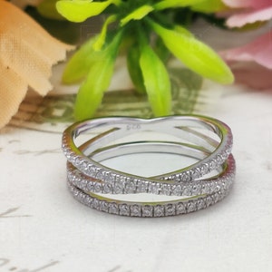 Criss Cross Ring, Round Moissanite Ring Set , X Cross Over Diamond CZ Wedding Band, Matching Wedding Silver Band, Anniversary Ring Women&#39;s