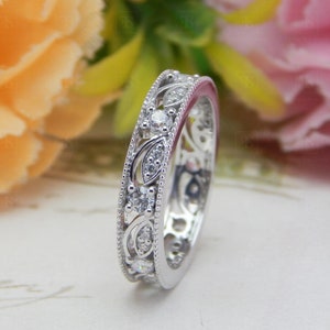 Art Deco Round Moissanite Wedding Band Women, Leaf And Vine Vintage Band Women, Full Eternity Filigree Band, Anniversary Gift For Her