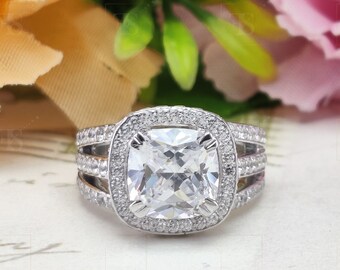 Cushion Cut Moissanite Halo Engagement Ring, Sterling Silver Split Shank