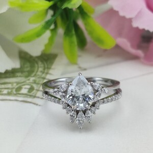 Pear Cut Moissanite Bridal Ring Set, 2 Piece Moissanite Wedding Ring Set, Tiara Crown Wedding Band Women Stackable Half Eternity Curved Band