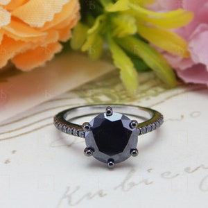 Round Cut Black Moissanite Engagement Ring, Black Onxy Solitaire Ring, 925 Starling Silver Black Diamond Ring, Solitaire Ring Moissanite
