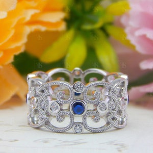 Vintage Milgrain Blue Sapphire Ring, Round Gemstone Filigree Band, Antique Inspired Women’s Statement Ring, Unique Gift Jewelry For Women
