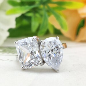 Toi Et Moi Engagement Ring, Radiant & Pear Cut Moissanite Wedding Ring, You And Me Ring Women, Two Stone Anniversary Ring, Double Stone Ring